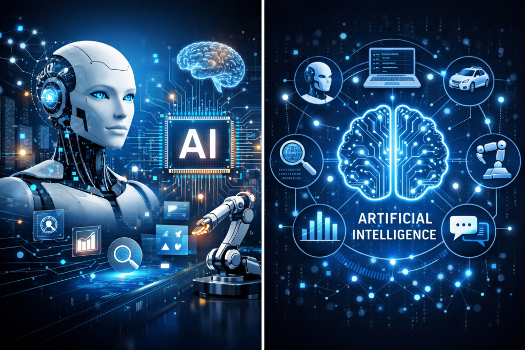 Artificial Intelligence AI robot with digital brain and microchip technology concept