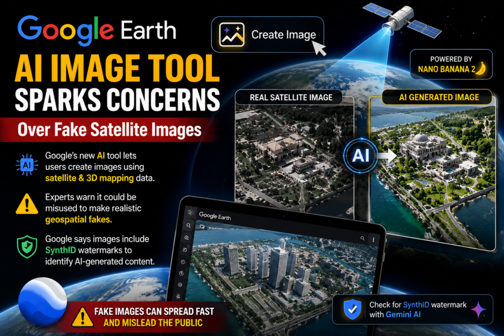 Google Earth AI image generation feature showing real satellite imagery compared with AI-generated visuals, highlighting concerns about fake satellite images and misinformation.